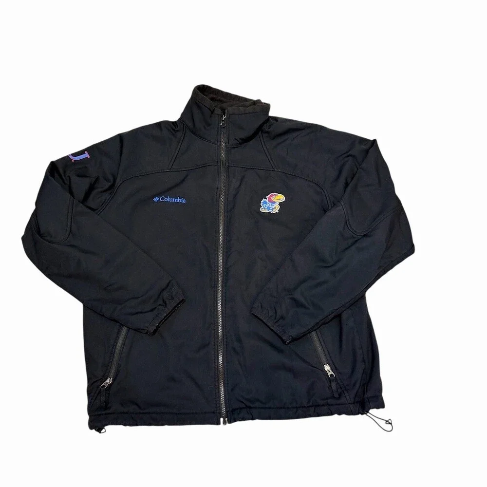 Columbia Kansas Jayhawks KU Mens L Black Windbreaker Jacket Fleece Lined Zip Ful - Picture 1 of 10